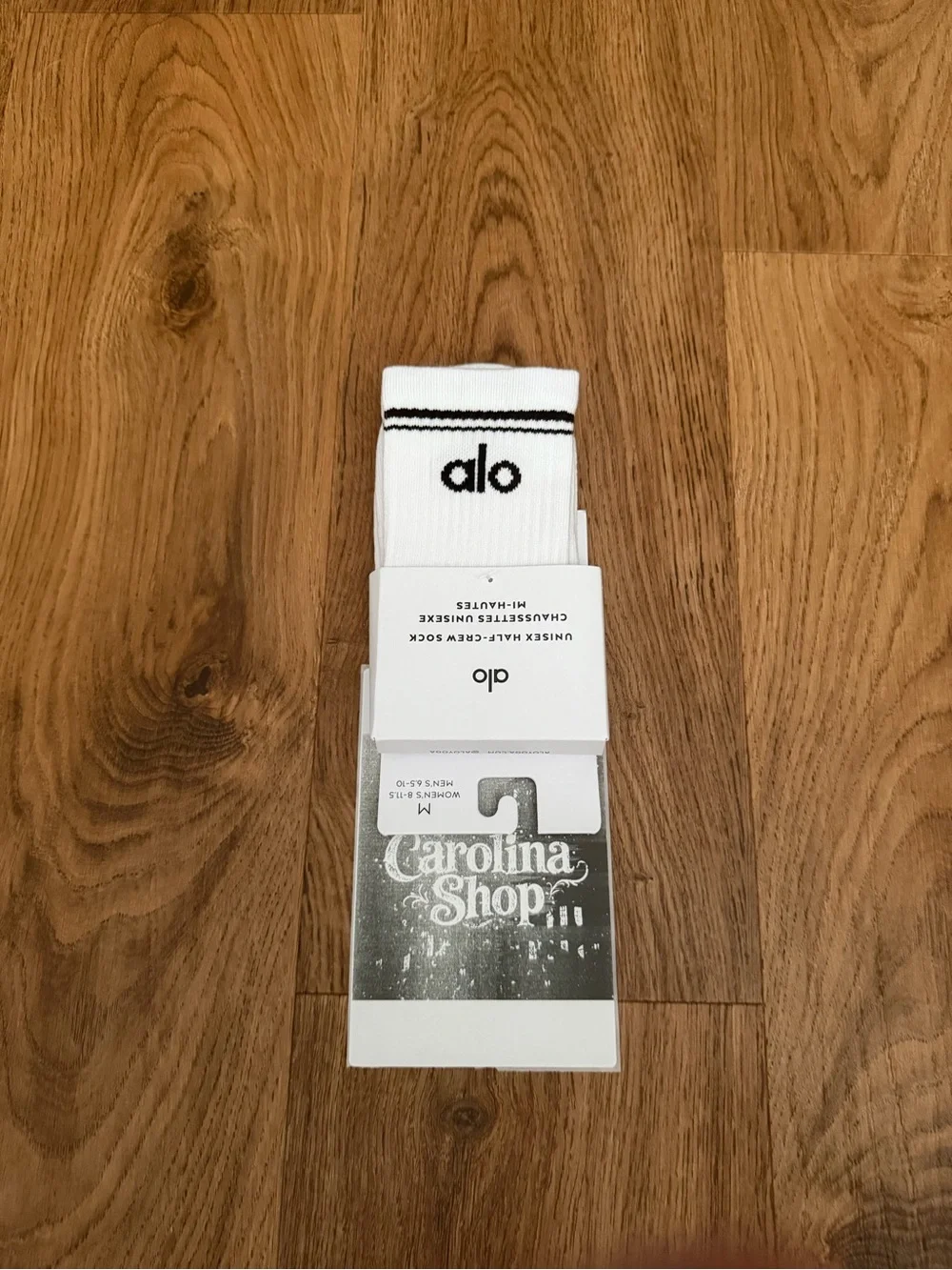ALO Yoga White Half Crew Socks with Black Stripe and Logo